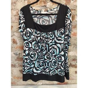 Fashion Bug Womens Top Blouse Size 2X Plus Black White Teal Rose Floral Print